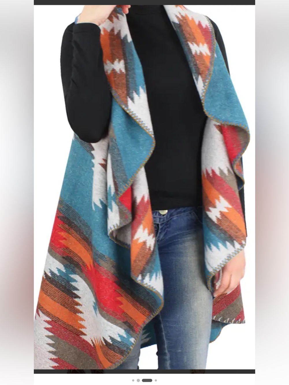 Multi-Color Aztec Draped Open Sweater Vest - Blue/Orange